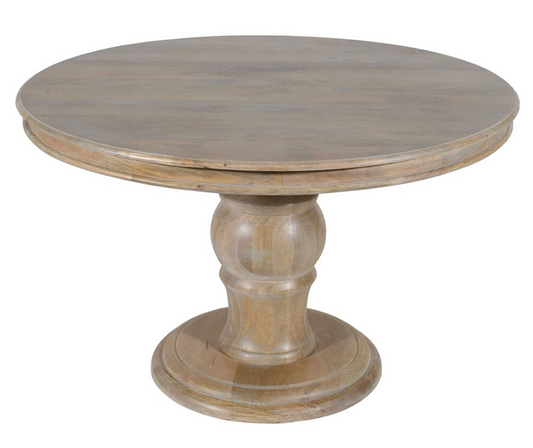 Round wooden table with a pedestal base on a white background