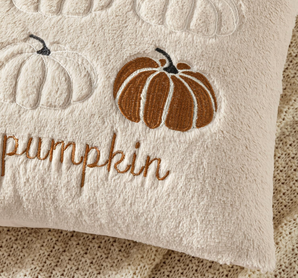 Fuzzy Hello Pumpkin Pillow, Beige w/ Brown