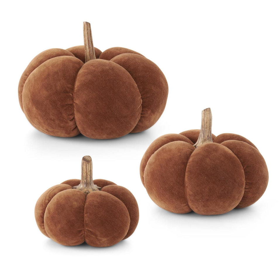 Brown Velvet Pumpkins w/ Wood Stem, Set of 3