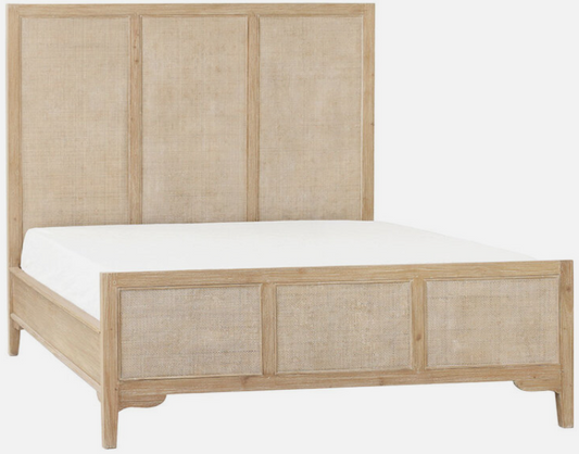 Wooden bed frame with woven design on a white background