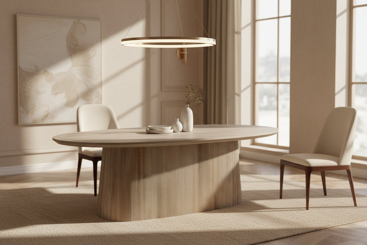 Oval light mango wood table with a reeded base on a white background