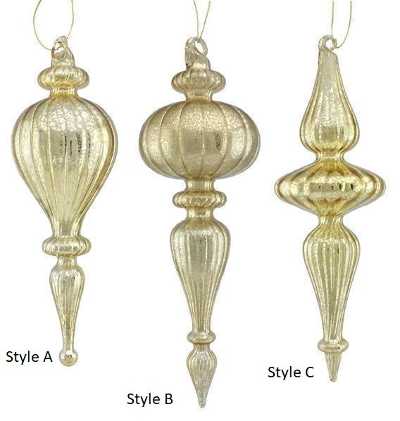 Large Glass Finial Ornament, Shiny Mercury Gold (Various Styles)