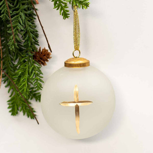 Forsted Glass Ball Ornament w/ Gold Cross