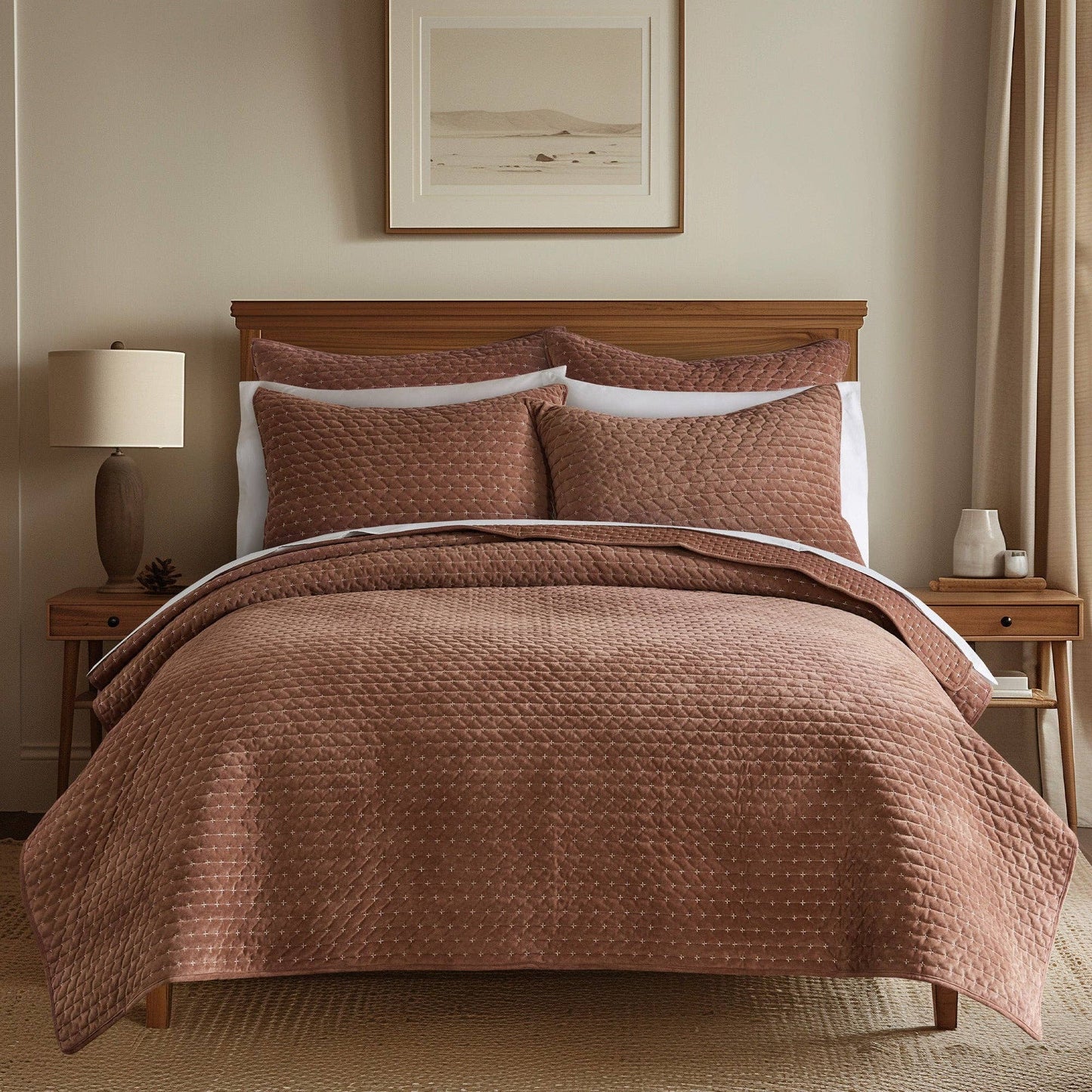 Rust King Velvet Stitch Quilt Set