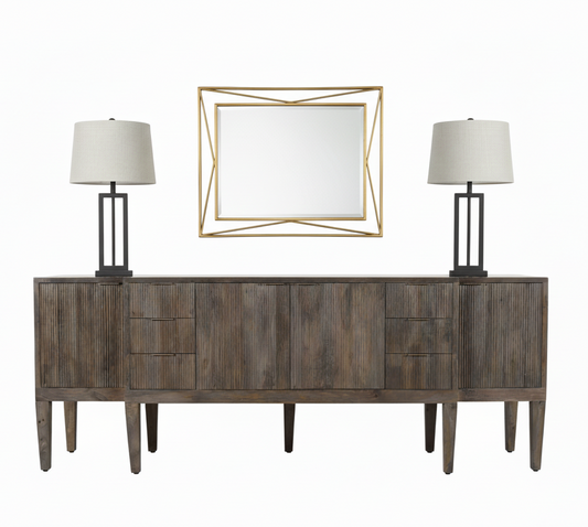 Wooden sideboard with a reeded finish on a white background