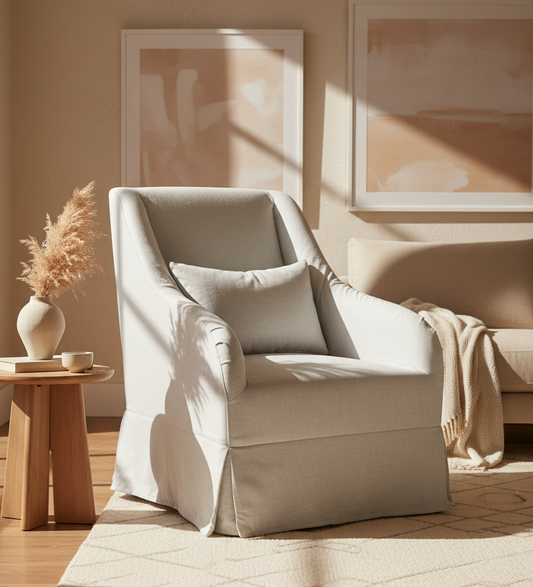 Beige armchair in a room with abstract art on the wall and a small table with decor items.