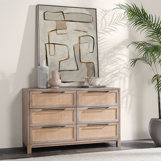Mango wood and rattan six drawer dresser