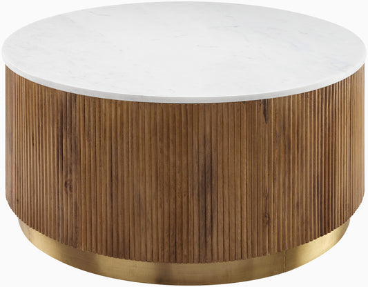 Round wooden coffee table with a white top and gold base on a white background