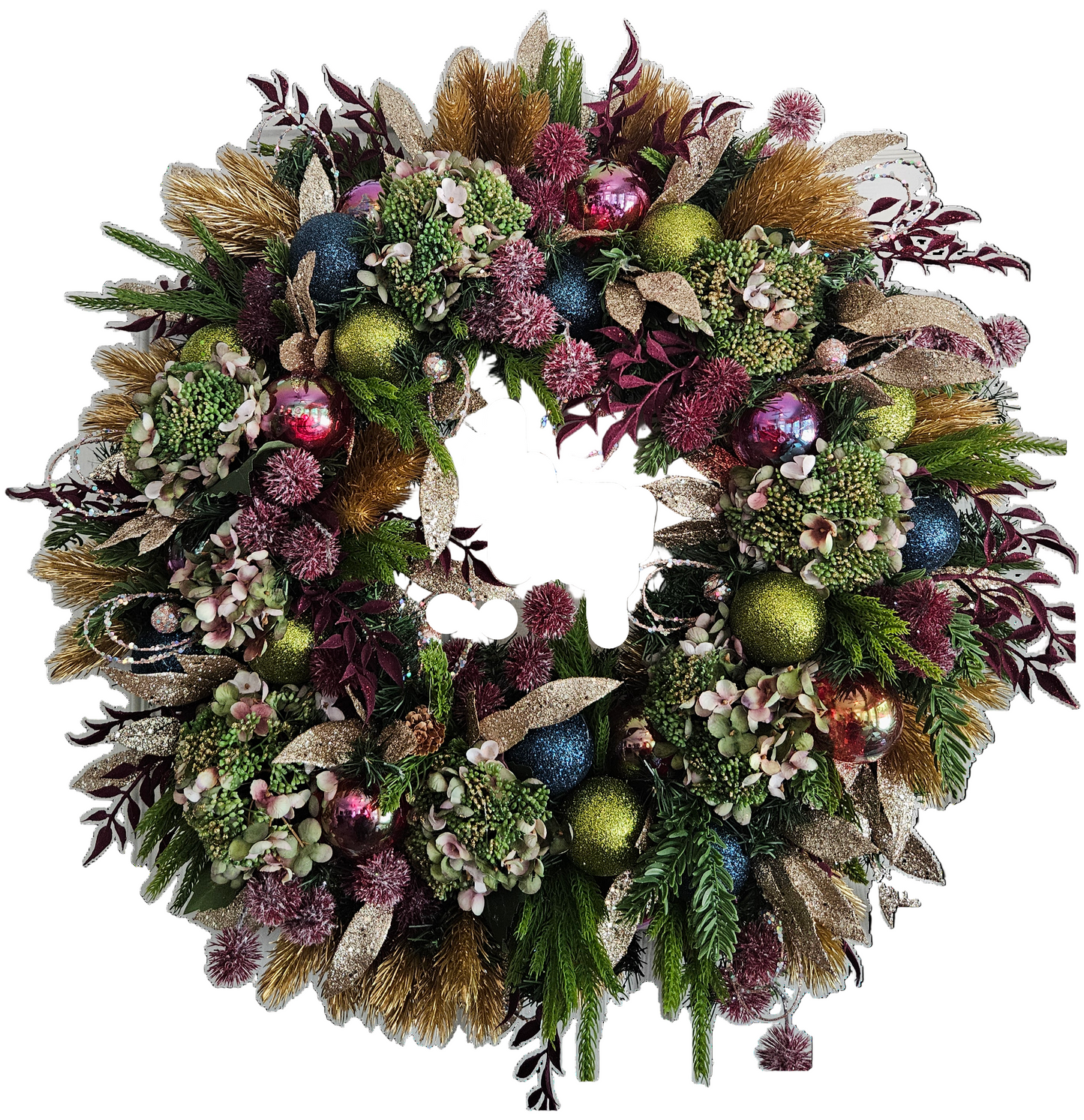 Decorative wreath with greenery, flowers, and colorful ornaments on a white background
