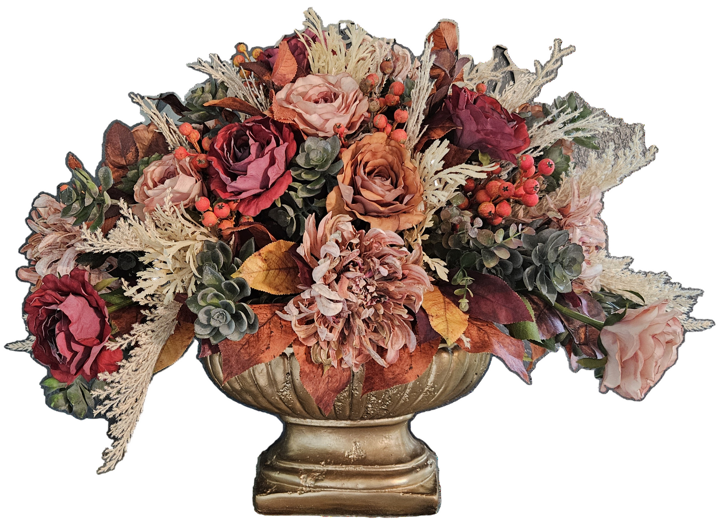 Large Fall Centerpiece In Gold Pedestal Container
