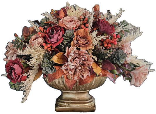 Large Fall Centerpiece In Gold Pedestal Container