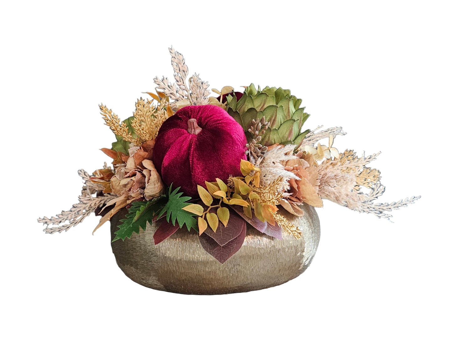 Fall Arrangement with Maroon Velvet Pumpkins