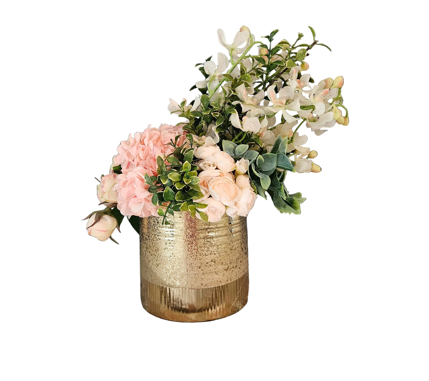 Asymmetrical Arrangement With Orchids and Hydrangeas