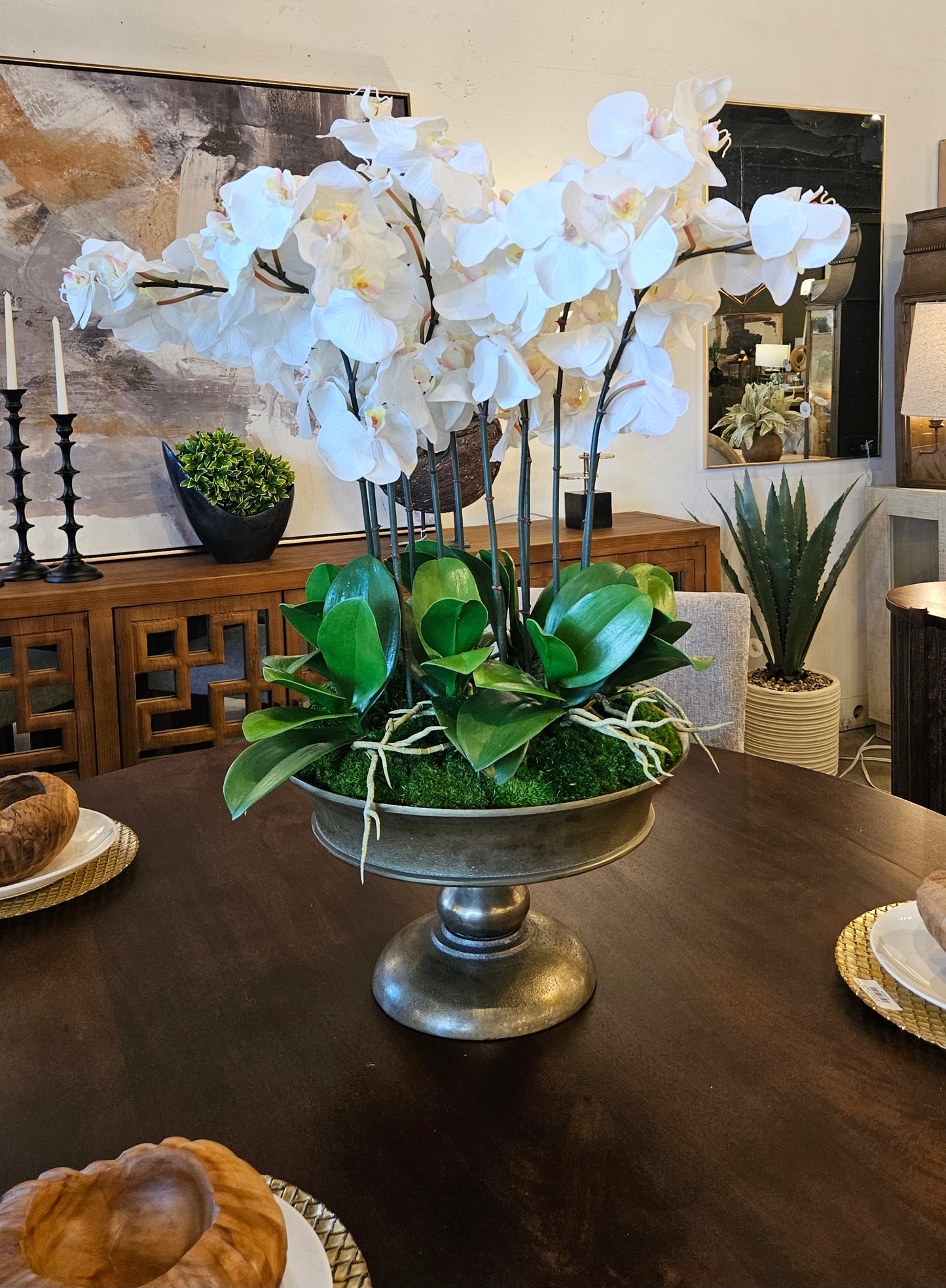 Orchids in Gold Pedestal Bowl