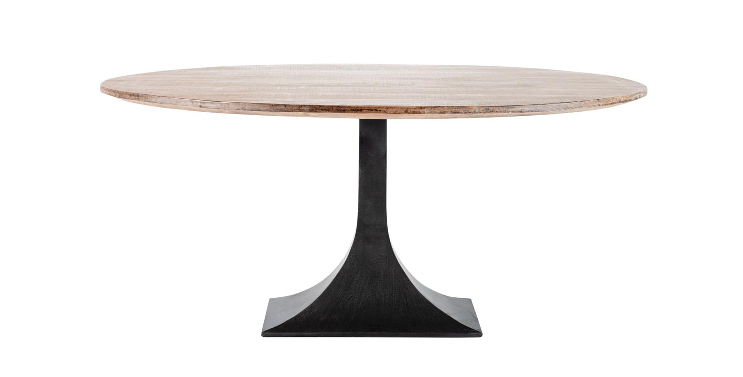 Oval table with wooden top and black pedestal base on a white background