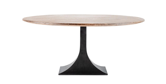 Oval table with wooden top and black pedestal base on a white background
