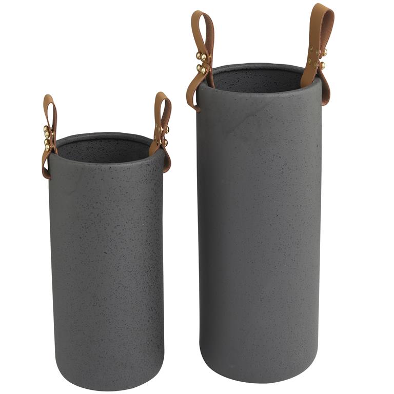 Black Ceramic Vase with Leather Handles (Various Sizes)