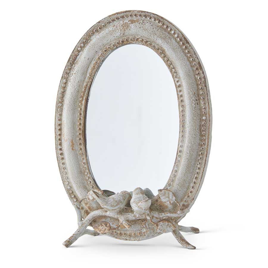 Oval Metal Mirror with Birds on Branch & Easel Stand