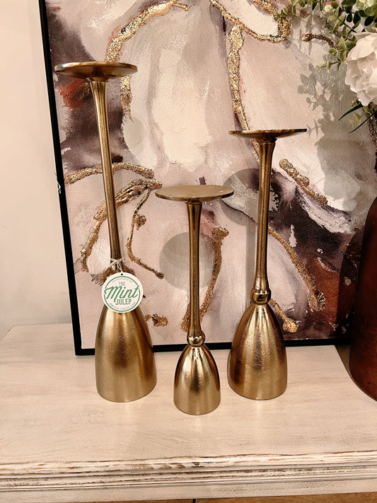 Gold Aluminum Pillar Candleholders, Set of 3