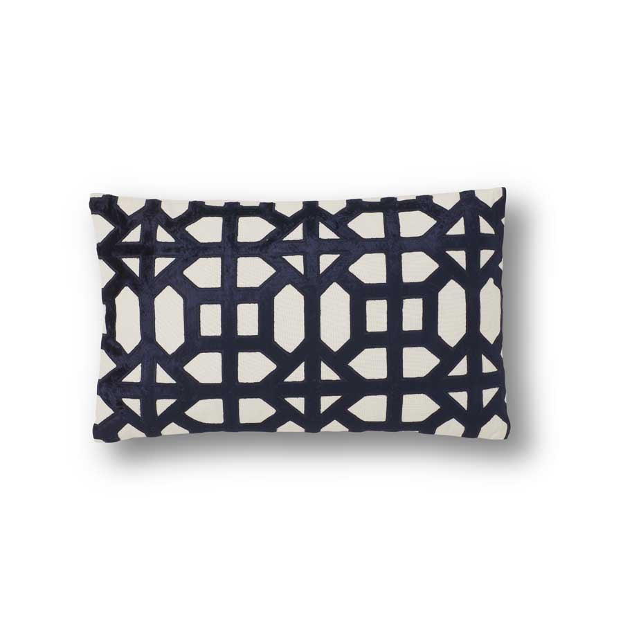Royal Blue Velvet & Linen Pillow with Geometric Pattern