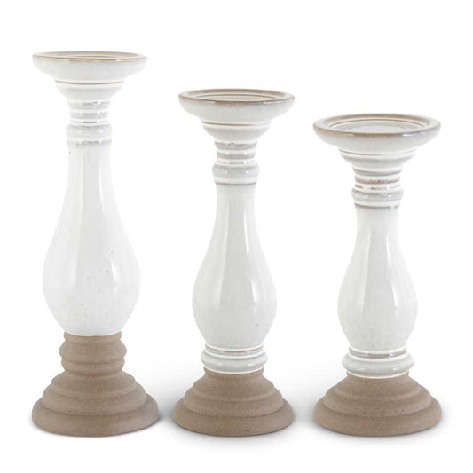 White Ceramic Candleholders with Unglazed Base, Set of 3