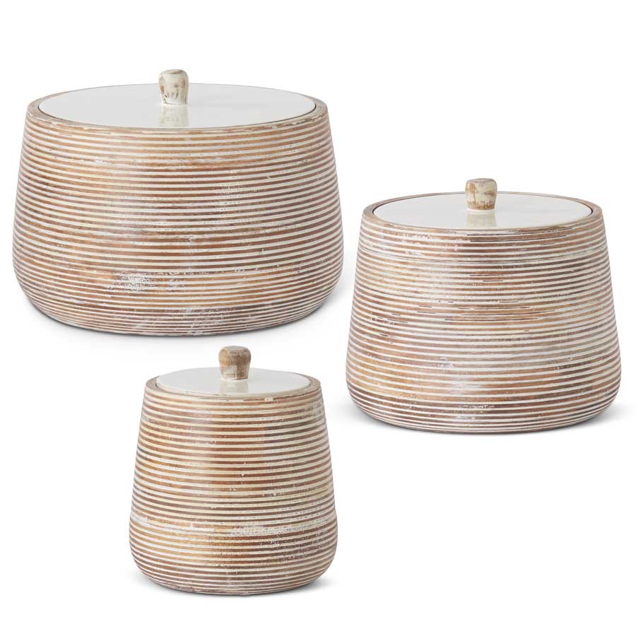 Ribbed Whitewashed Mango Wood Canisters with White Enamel Lids, Set of 3