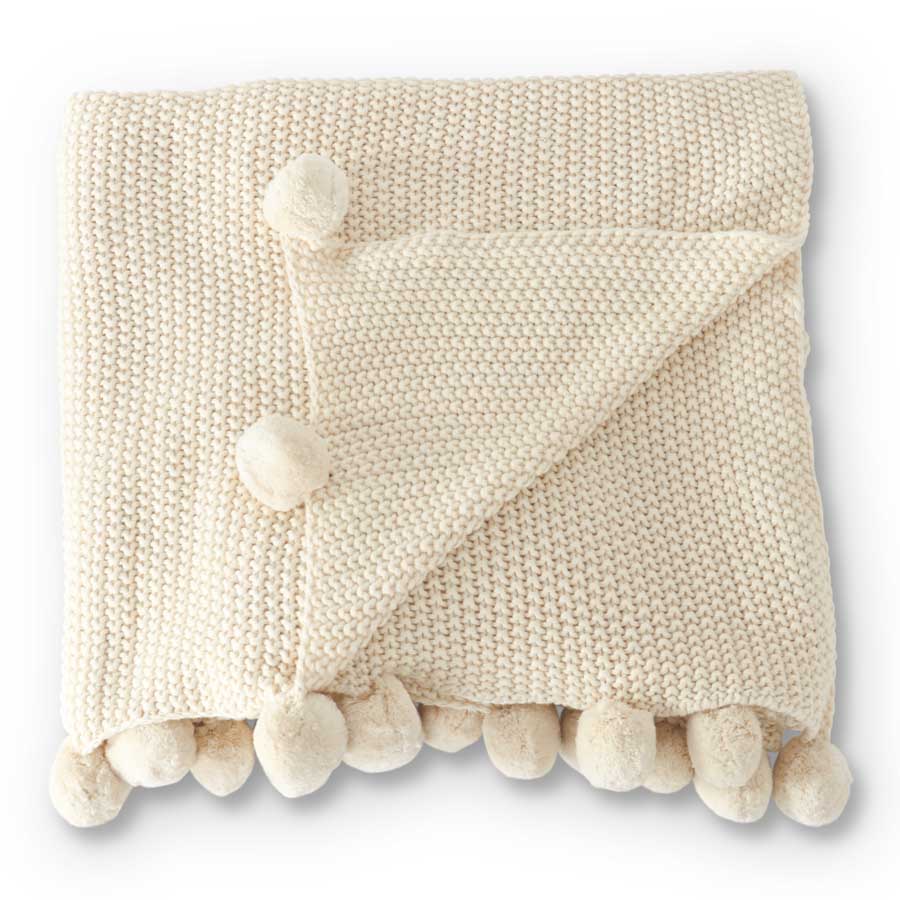 Moss Stitch Knit Throw w/ Pompom Trim (Various Colors)