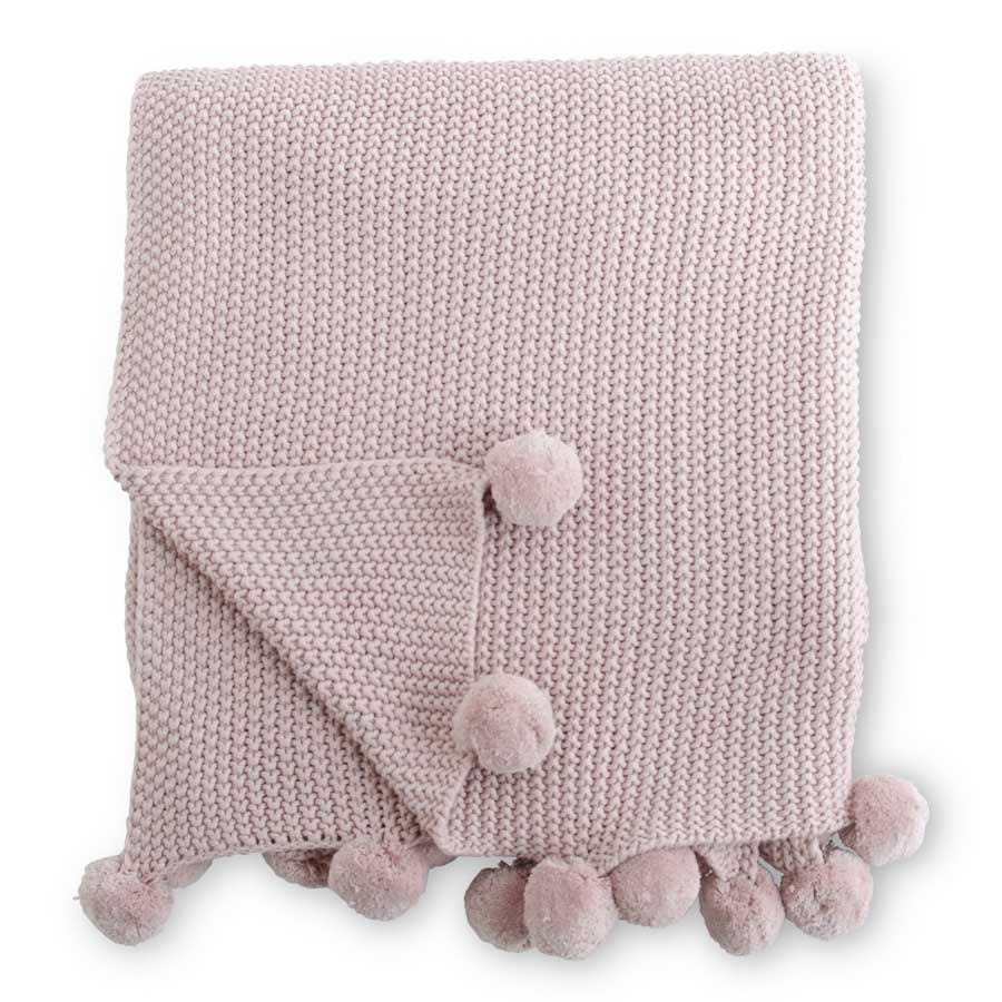 Moss Stitch Knit Throw w/ Pompom Trim (Various Colors)