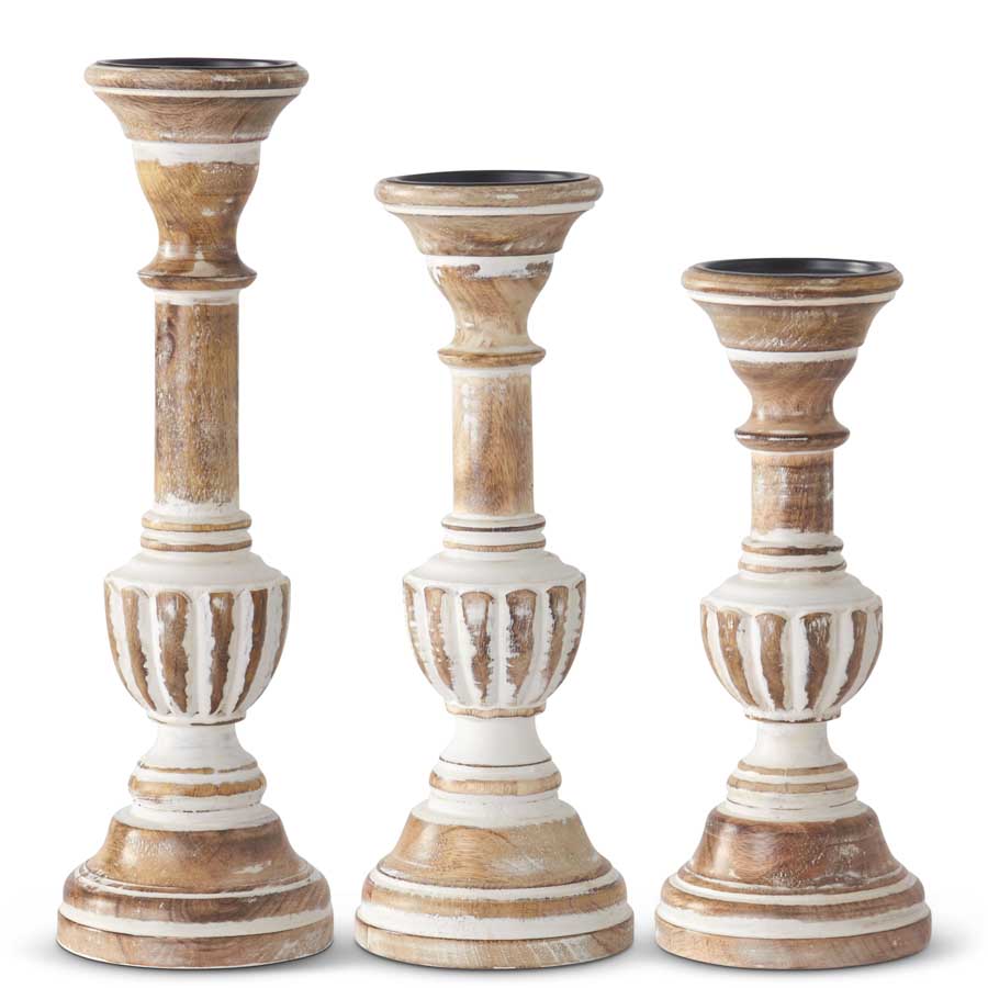 Whitewashed Carved Mango Wood Candleholders, Set of 3
