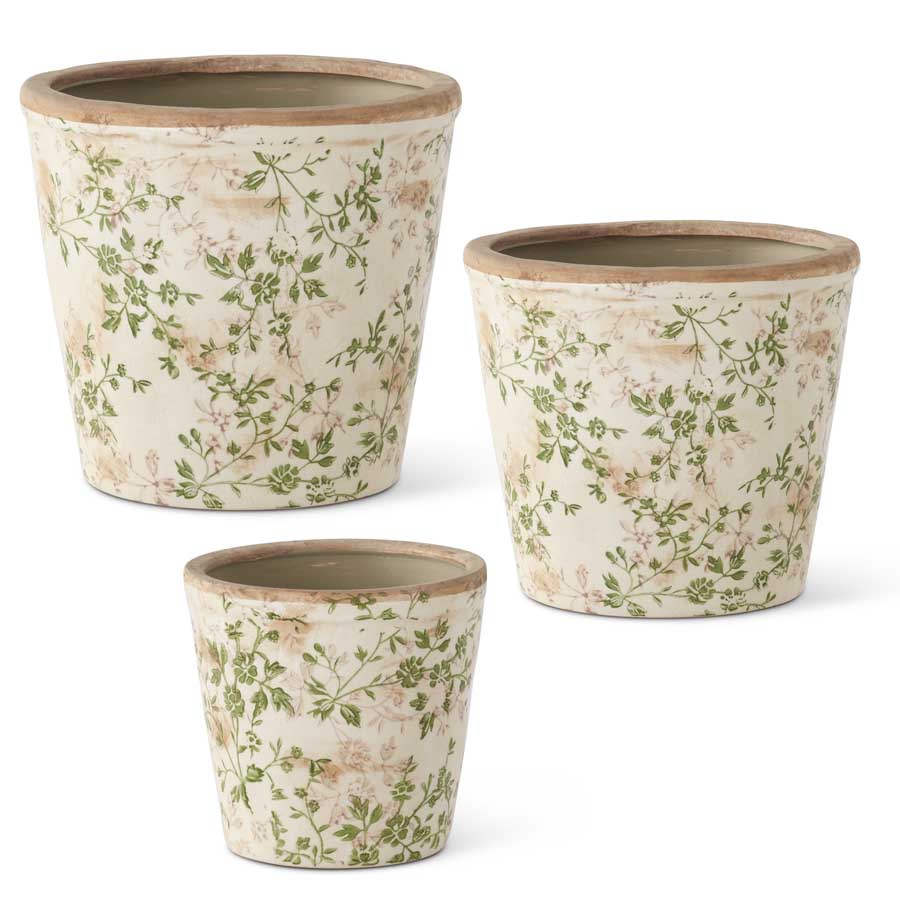 Cream & Green Floral Ceramic Pot (Various Sizes)