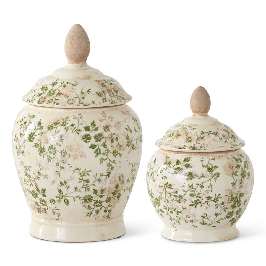 Cream & Green Floral Ceramic Lidded Container (Various Sizes)