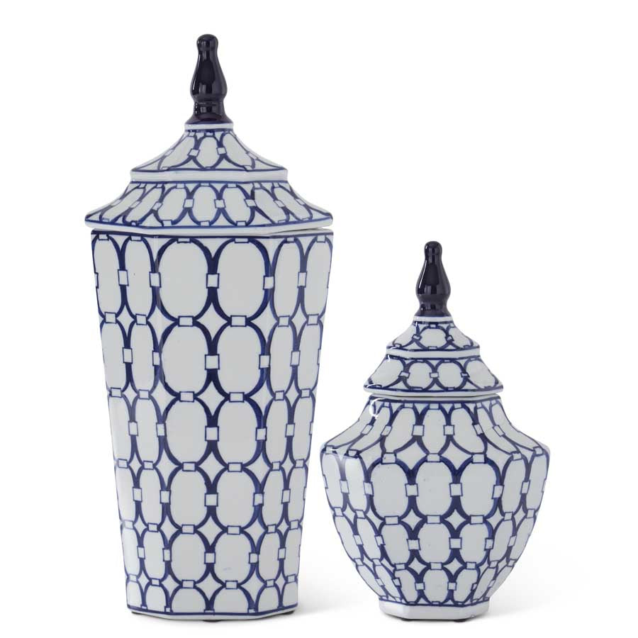 White & Blue Oval Print Ornate Porcelain Lidded Container (Various Sizes)