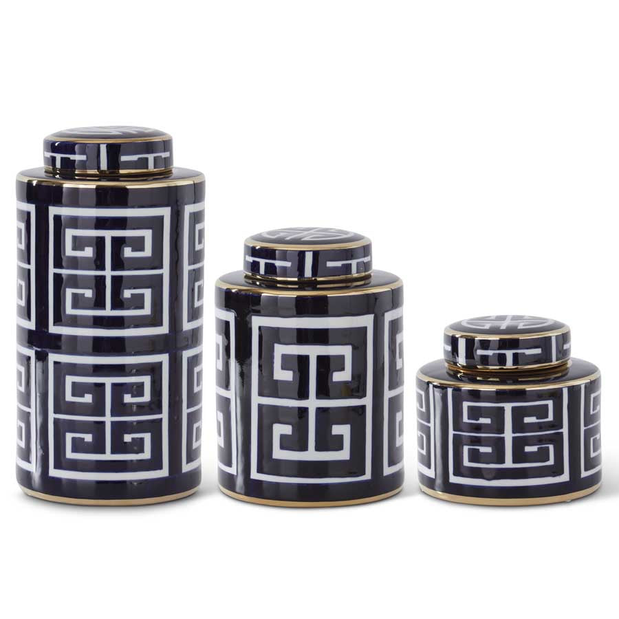 Blue & White with Gold Greek Key Lidded Porcelain Container (Various Sizes)