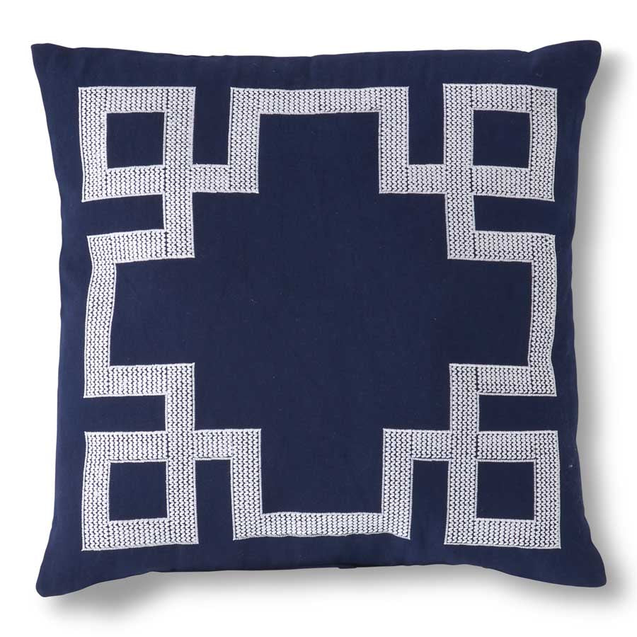 Square Cotton Flax Navy Blue Pillow with Greek Key Border