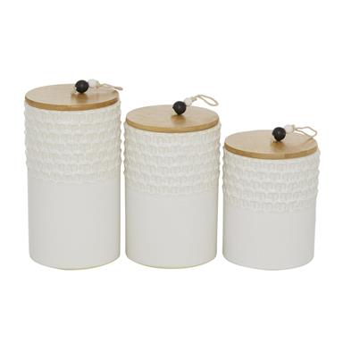 Stone Ware Canisters with Wooden Lids, Set of 3