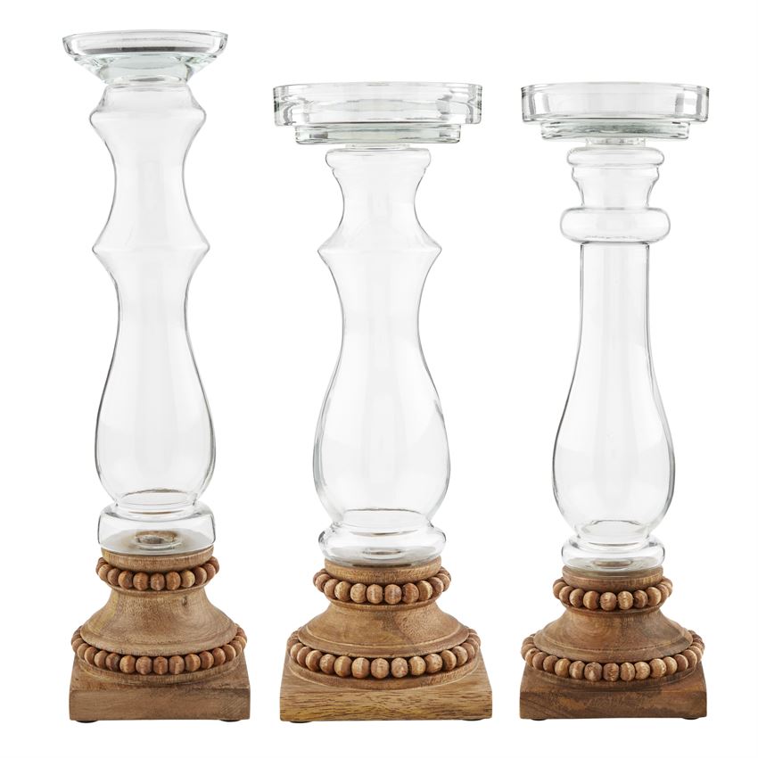 Glass & Beaded Wood Candleholders, Set of 3