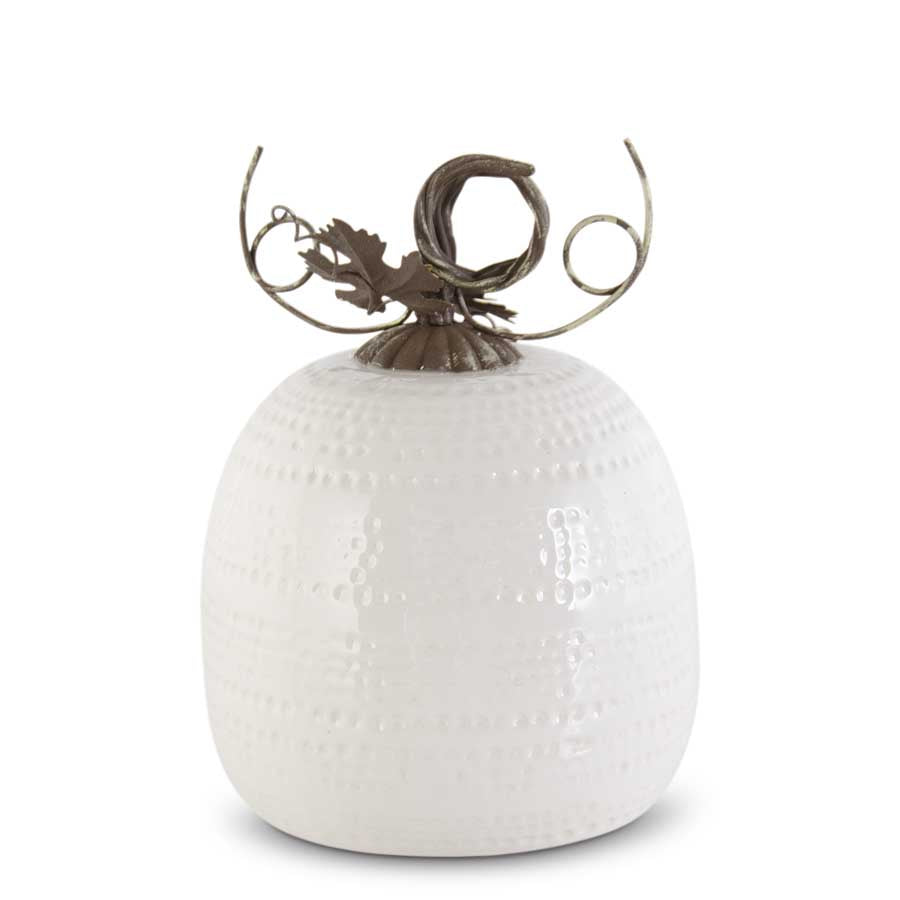 Ceramic Dot Etched Pumpkin with Metal Stem, White