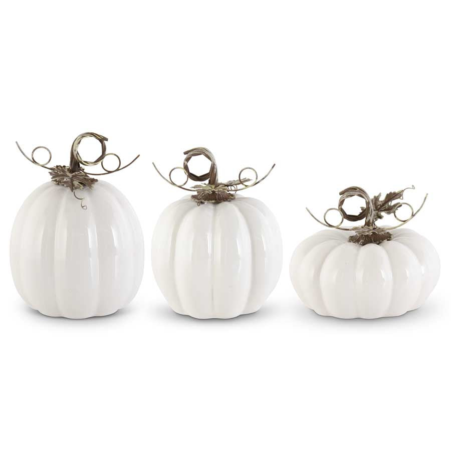 White Ceramic Pumpkin with Metal Stem (Various Sizes)