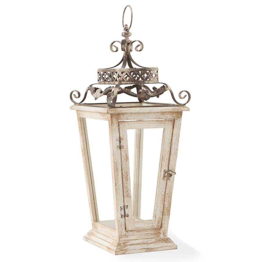 White Wood Lantern with Metal Scroll Top
