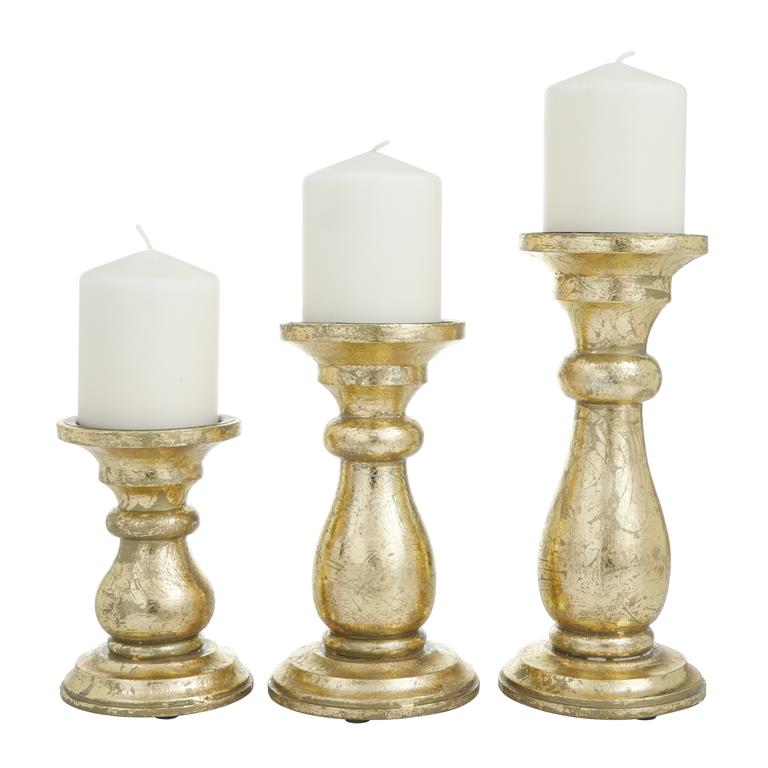 Gold Traditional Wooden Candleholders, Set of 3