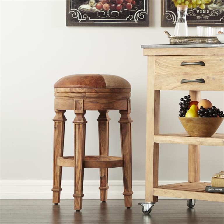 Brown Wood & Fabric Rustic Bar Stool