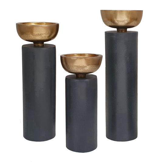 Black and Gold Pillar Candleholders, Set of 3