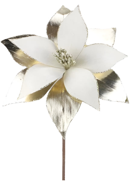 22" Metallic/Fabric Poinsettia Stem, Champagne/White