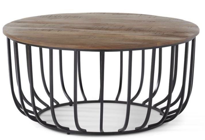 36" Black Metal Cage Coffee Table w/ Wood Top