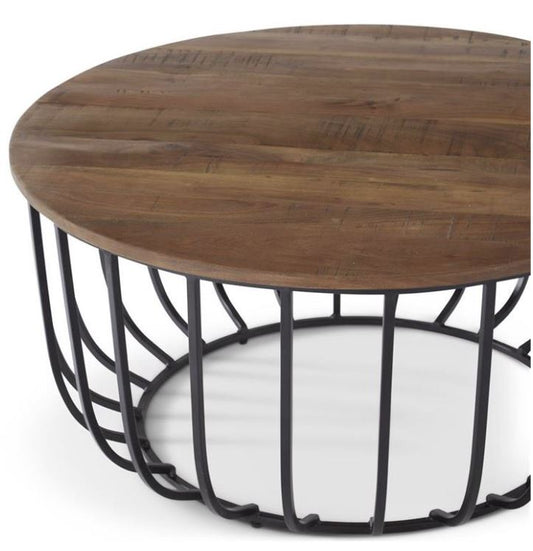 36" Black Metal Cage Coffee Table w/ Wood Top