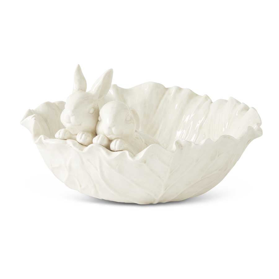 Antiqued White Dolomite Cabbage Bowl w/ Rabbits