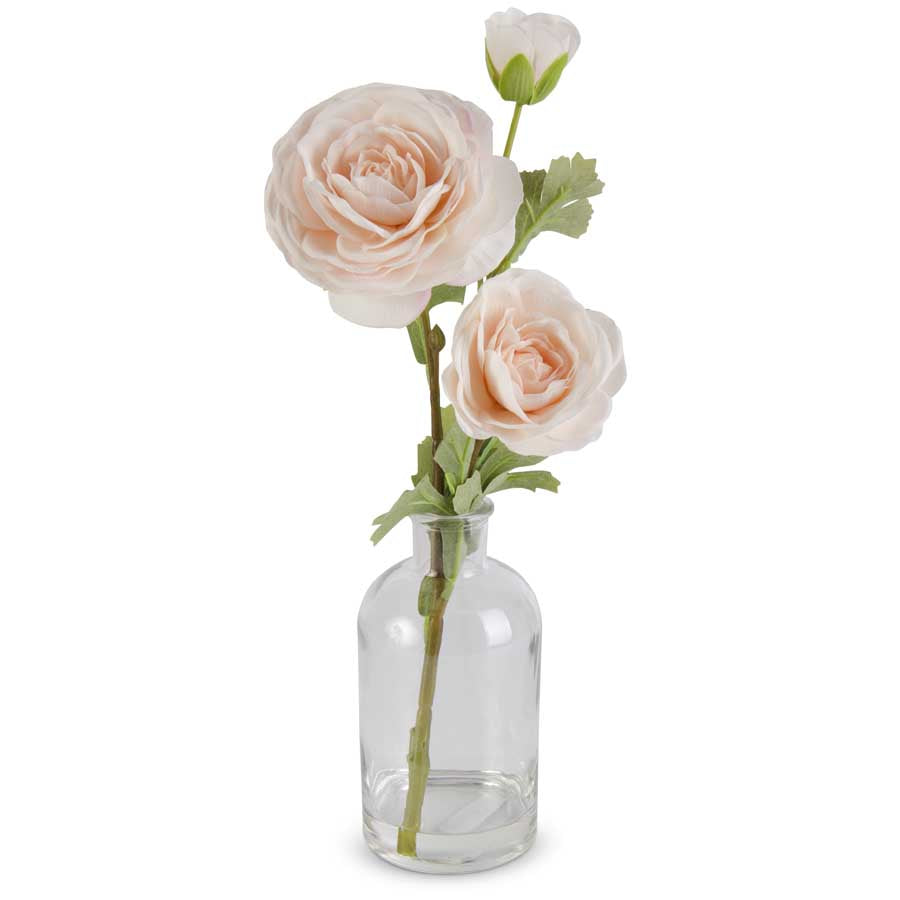 14" Real Touch Triple Bloom Ranunculus in Glass Bottle, Peach