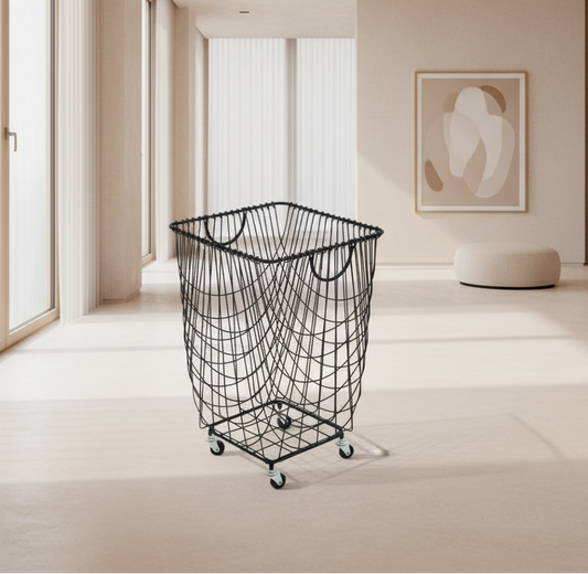 Black wire laundry basket with wheels on a white background