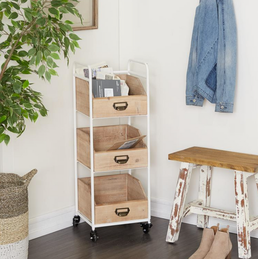 Industrial Storage Cart, White and Wood