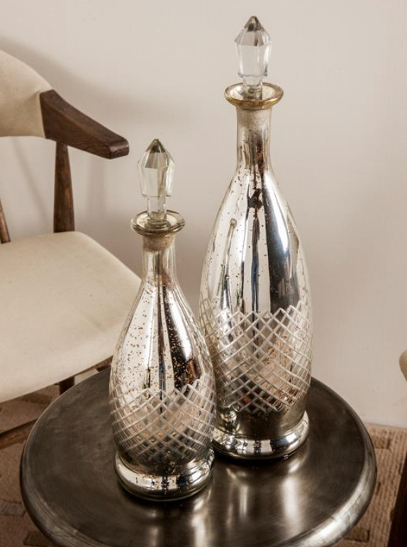 Mercury Glass Decanter Bottles, Set of 2